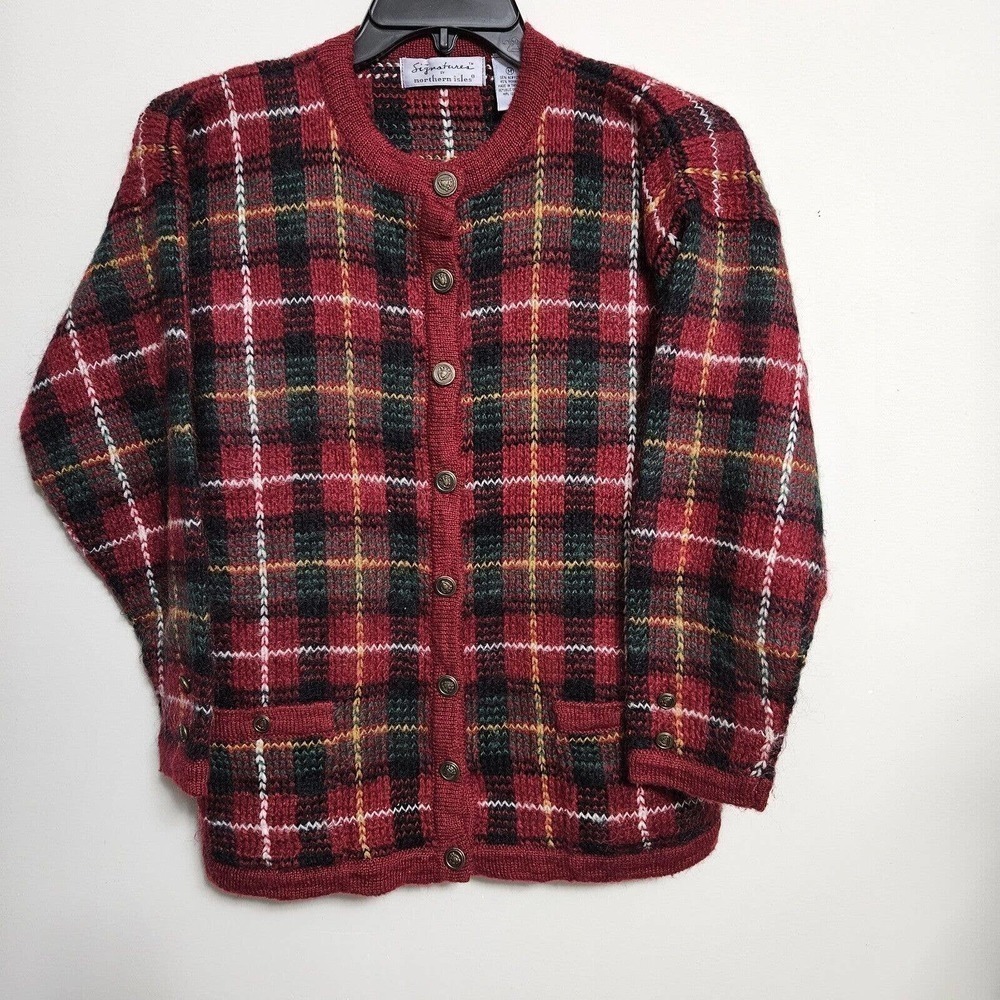 Vtg Signature By Northern Isle Deep Red Plaid Cardigan Sz M Mohair Blend LN Cond